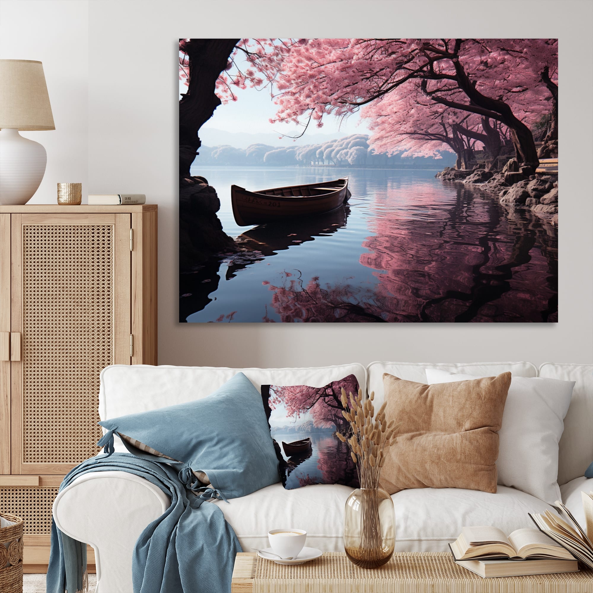Designart "Japon Art Cherry Blossom Pink Lake" Japanese Wall Art Living